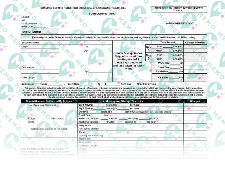 Moving company intrastate bill of lading