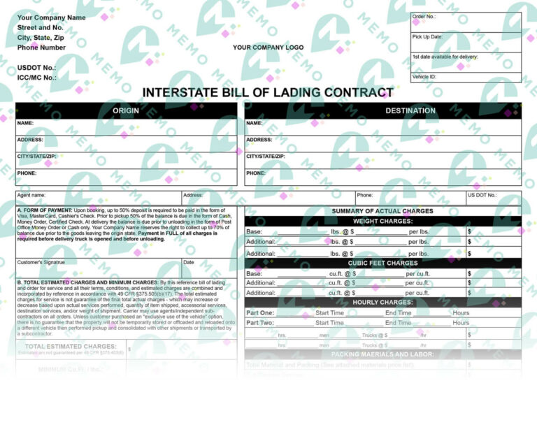 Moving company interstate bill of lading