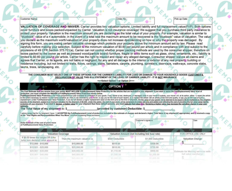 Moving company interstate bill of lading contract - valuation selections