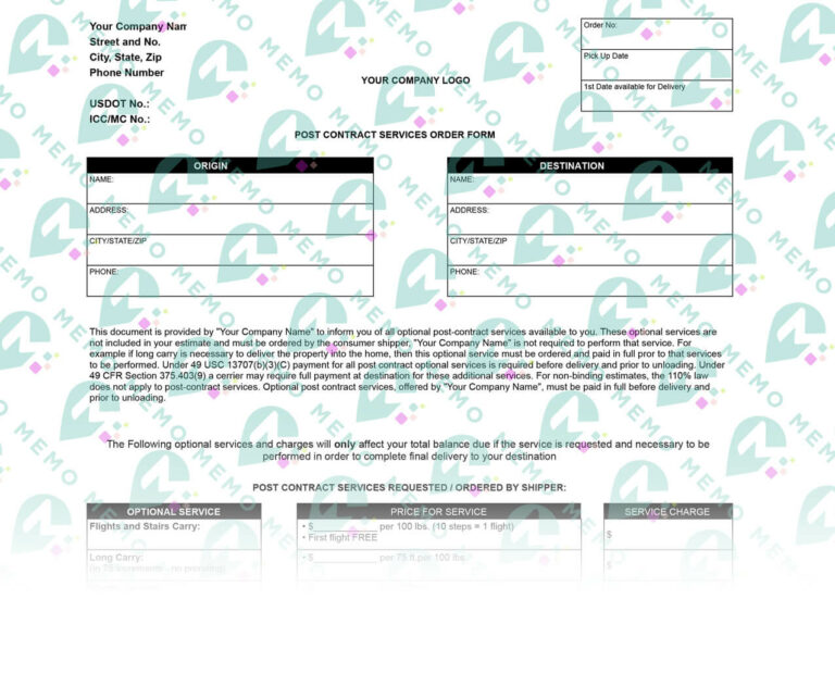 Moving company post contract services order form