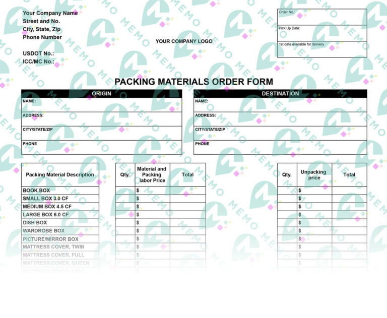 Moving company packing materials order form