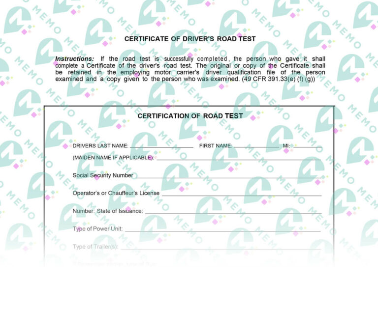 Moving company certificate of driver’s road test